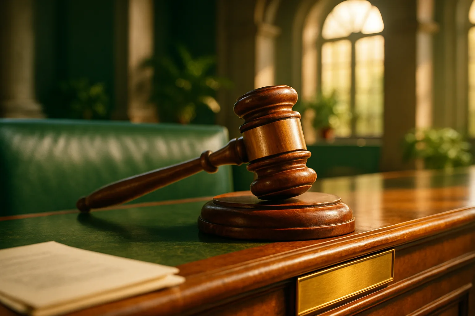 A premium hardwood judge's gavel resting on a sunlit courtroom bench, representing the legal authority behind transfers by court order in South African property law.