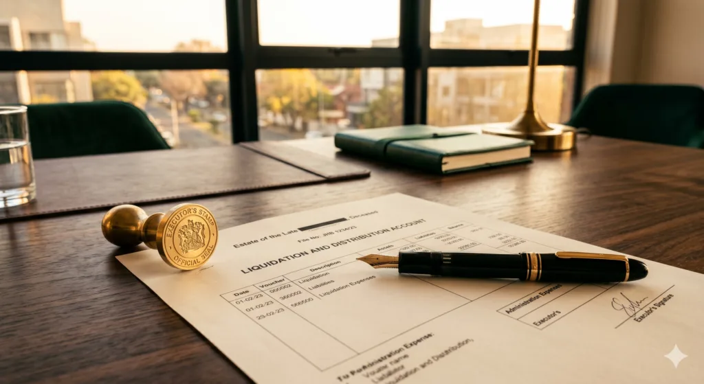 A high-end fountain pen rests on an official liquidation and distribution account for deceased estates on a dark walnut table. The premium legal workspace features deep emerald green accents and a polished gold stamp, entirely illuminated by a heavy, warm golden light flowing through a contemporary window backdrop.