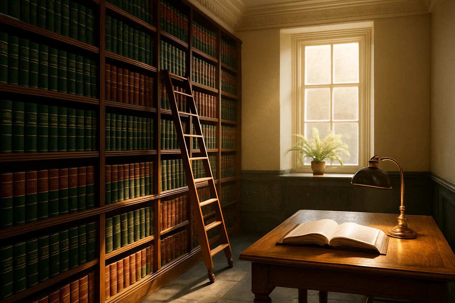 A luminous South African law library with tall leather-bound bookshelves and a rolling brass ladder, evoking the expert legal guidance required for transfers from deceased estates.