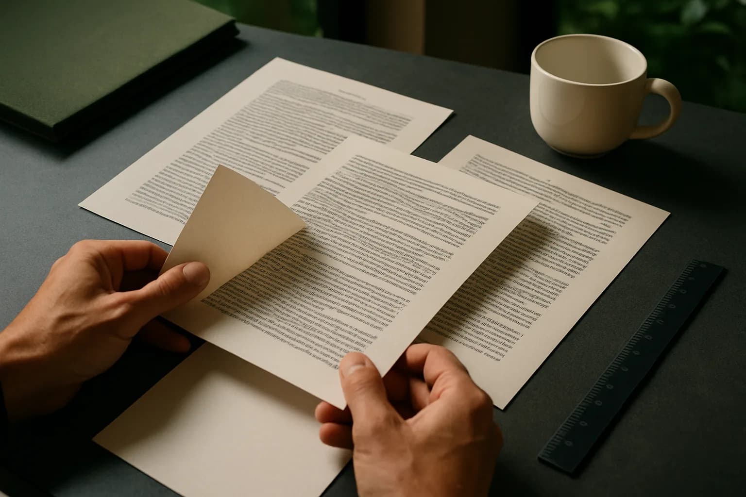 Hands turning a page of a printed legal document on a slate conference table, with a moss-green folder and warm afternoon light highlighting the paper's texture.
