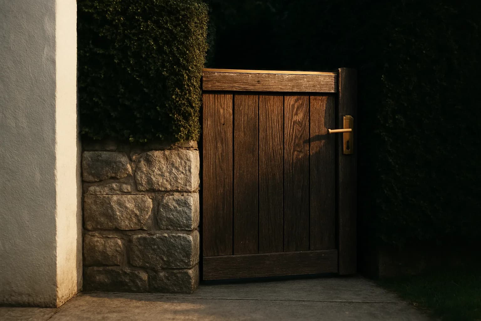 A solid timber gate set into a raw limestone wall bordered by dark-clipped hedging, a brushed-bronze latch catching late afternoon sunlight, suggesting a property access restriction.