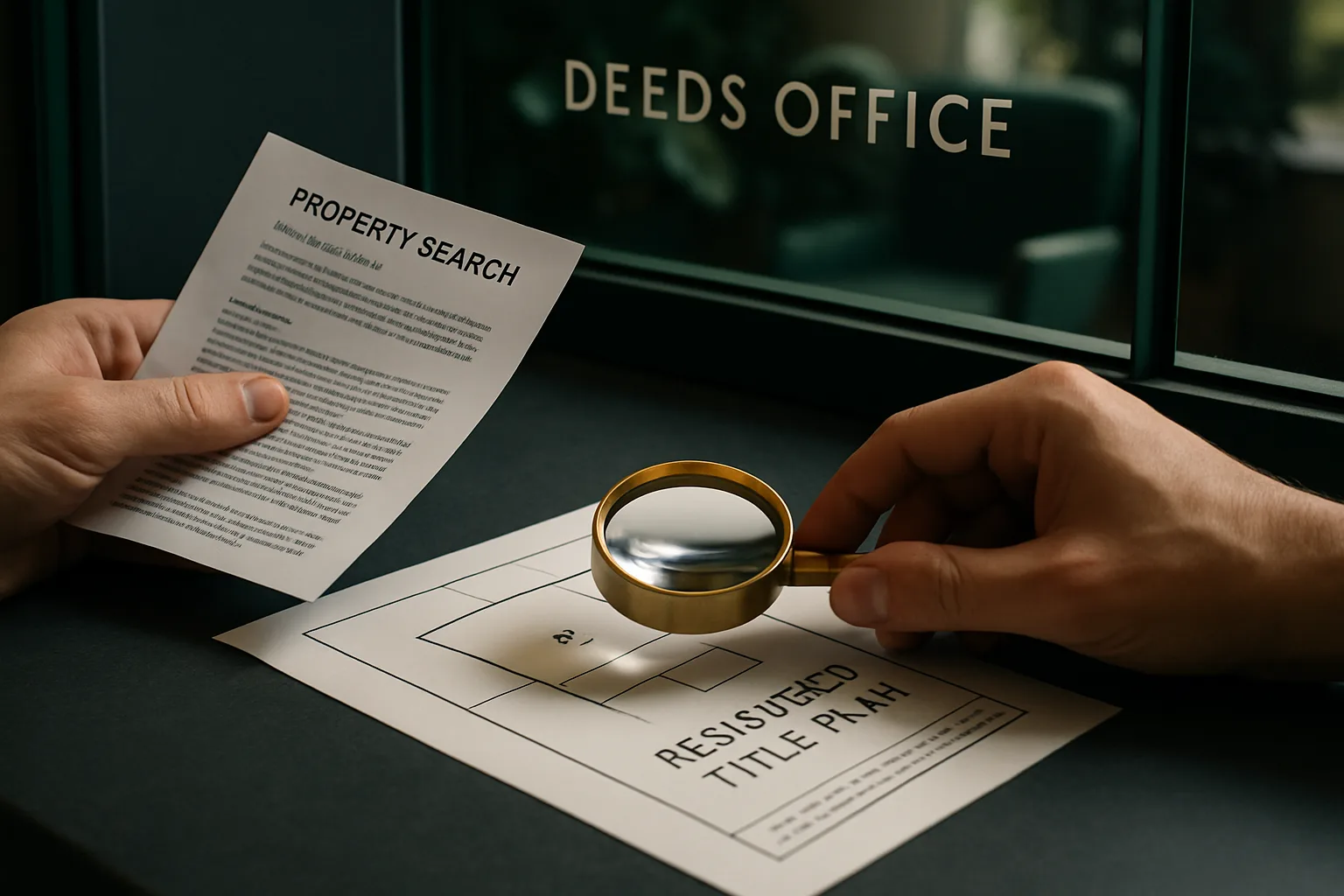 A close-up of hands holding a brass magnifying loupe over a registered title plan printout on a charcoal slate Deeds Office counter, with dark foliage softly blurred behind a glass partition.
