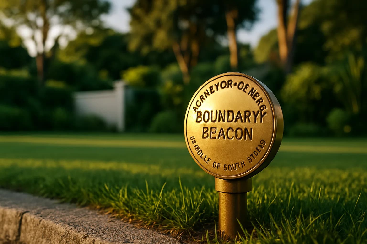A gleaming brass surveyor's boundary beacon set into lush sunlit green land at a property edge, illustrating how conditions of title can define and restrict land boundaries for South African property owners.