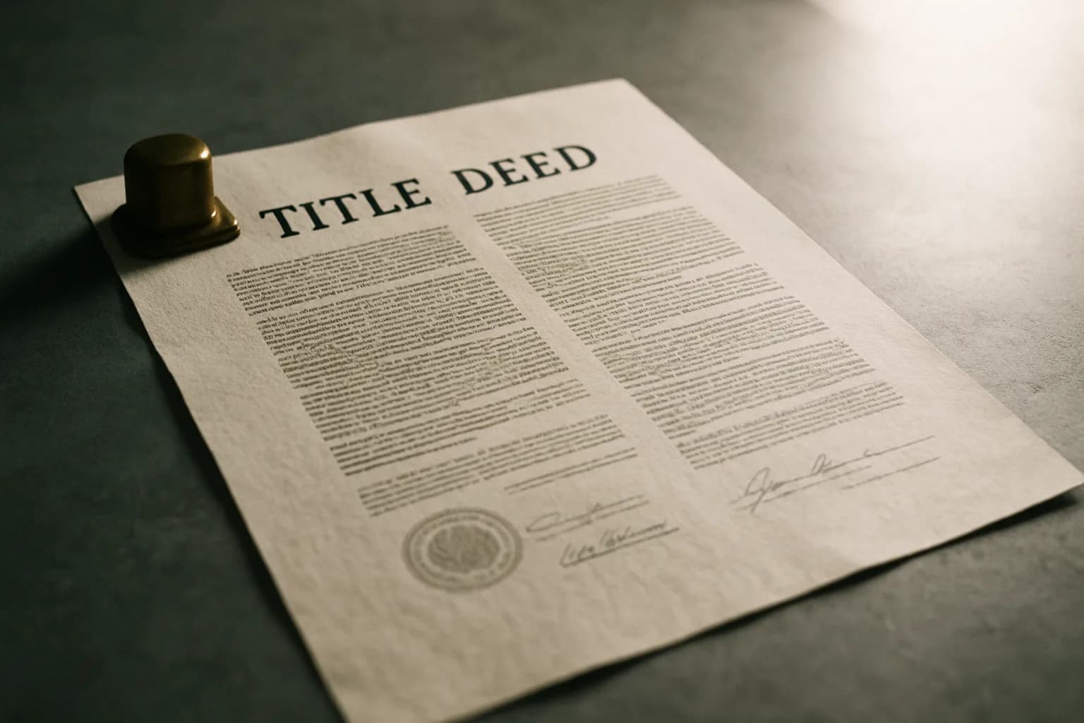 A large unfolded title deed with dense typed columns resting on a slate grey concrete surface, held down by a brass paperweight and lit by warm directional light from the right.