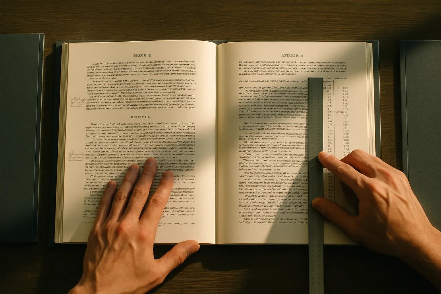 Two open legal dossiers side by side on a dark oak table, with a pair of hands mid-action pressing a page flat and guiding a ruler, representing a two-stage document checking structure.