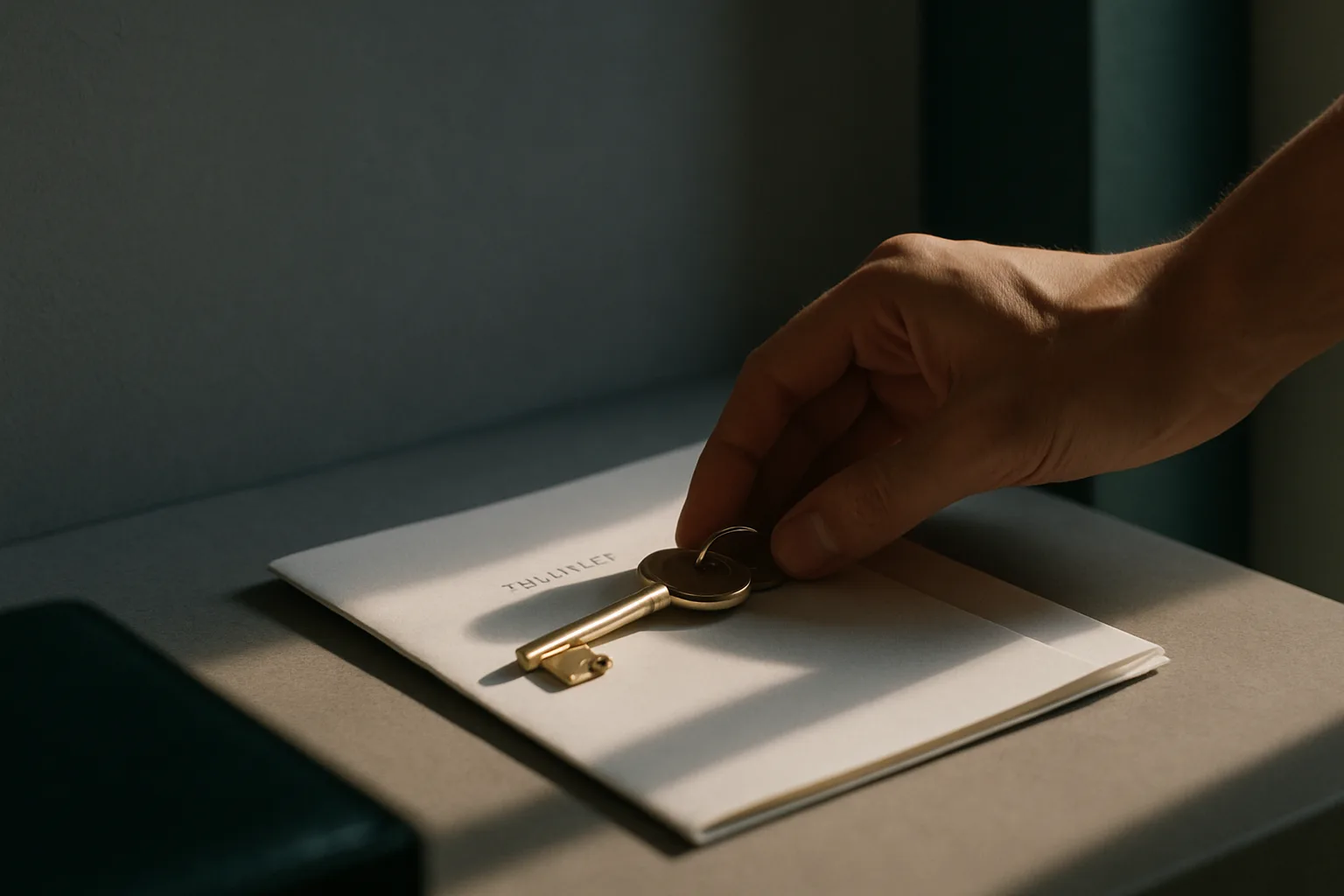 A polished brass key set placed on top of a folded transfer document in a minimalist slate-walled entryway, lit by a warm point of afternoon sunlight.
