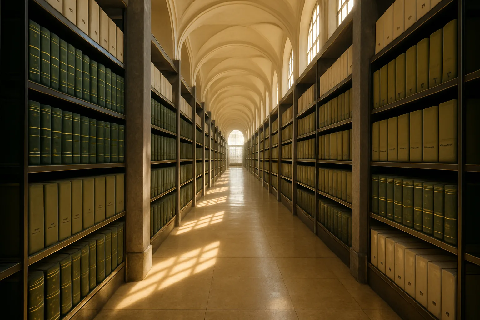 A grand sunlit deeds registry hall with rows of archival shelving receding into bright perspective, evoking the thoroughness of the deeds office examination process.