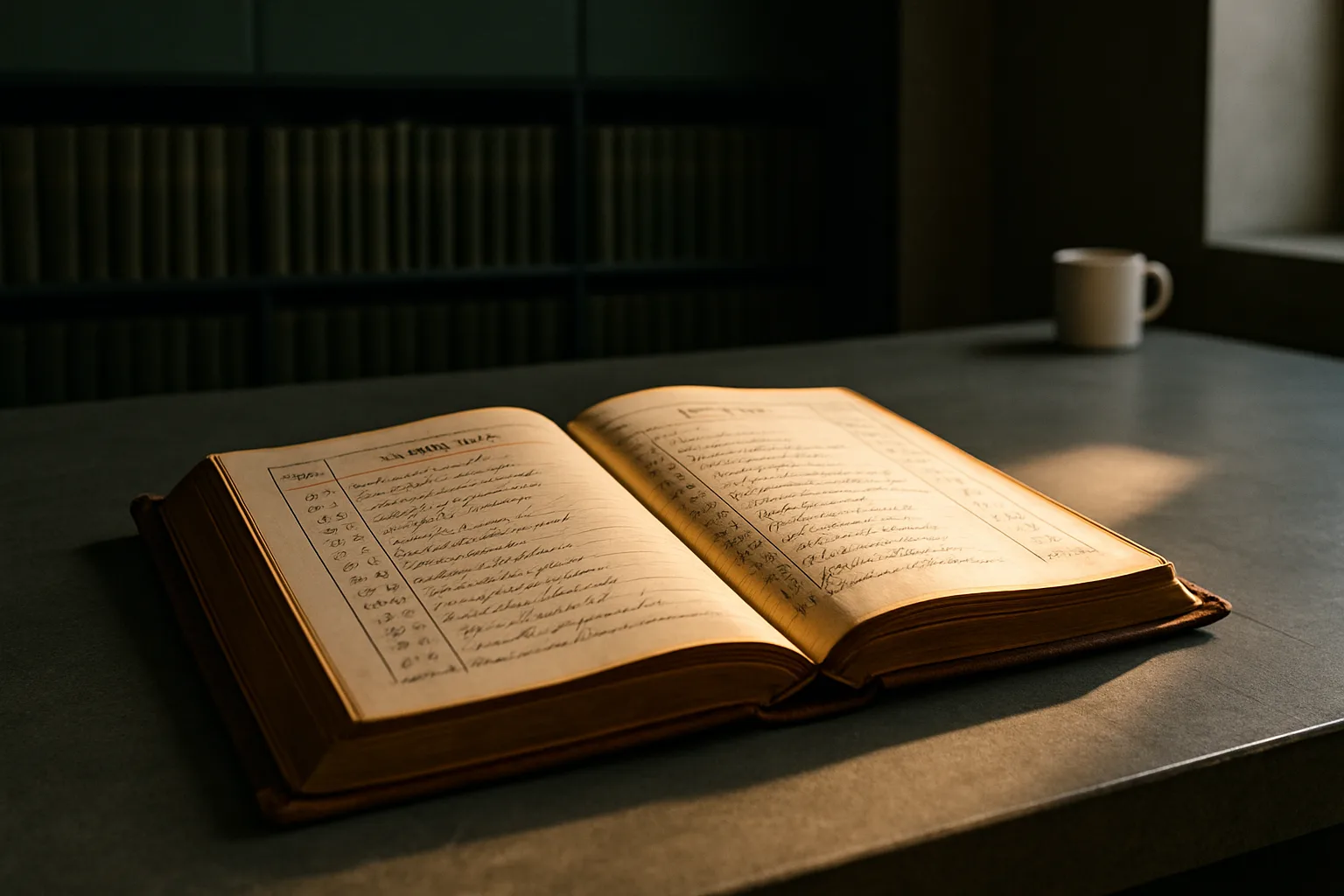 An open property register with columns of inked lot descriptions lying flat on a slate concrete surface in an archive room lined with green fabric wall panels.