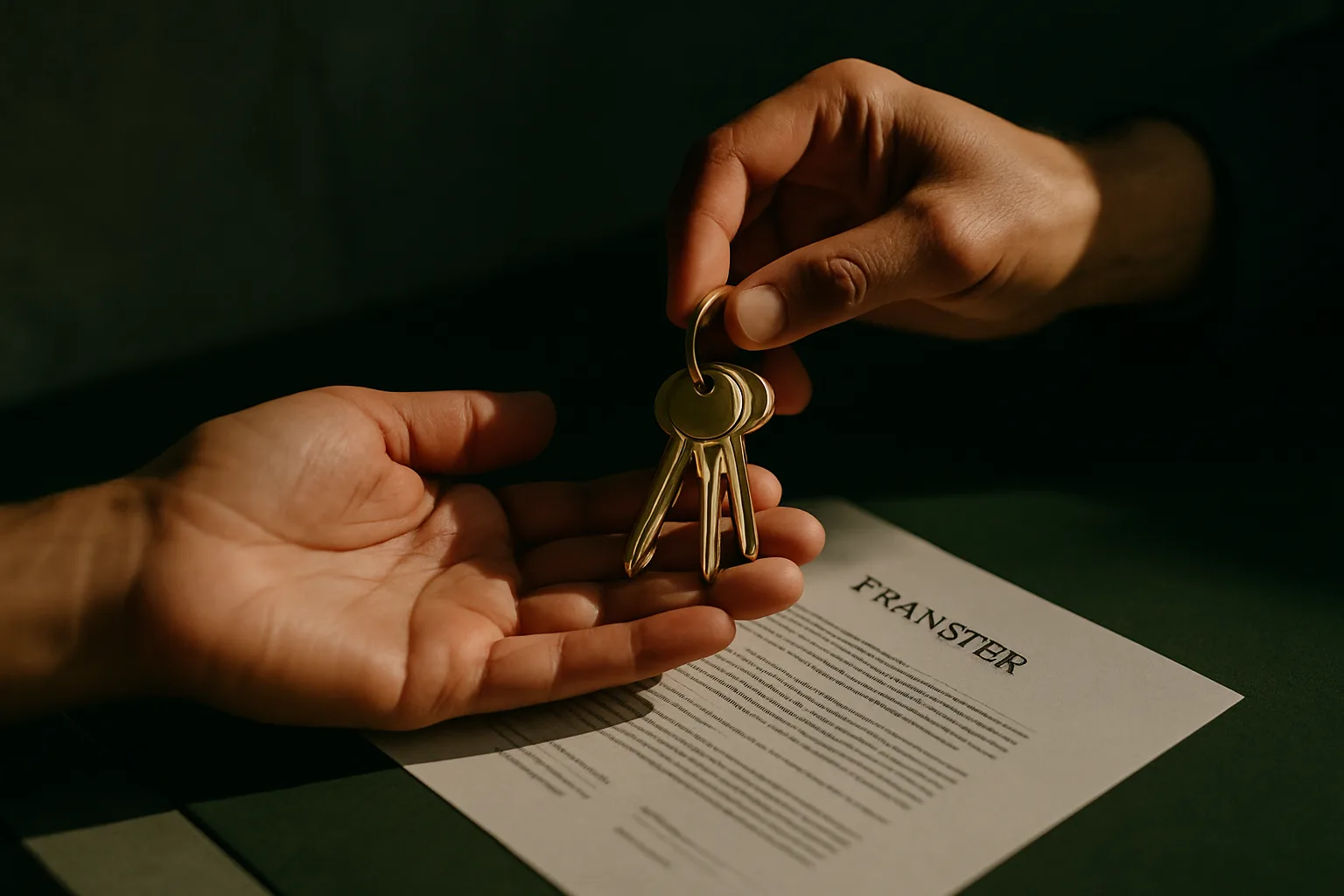 Close-up of two pairs of hands exchanging polished brass keys above a stack of property transfer documents on a deep green leather desk surface.