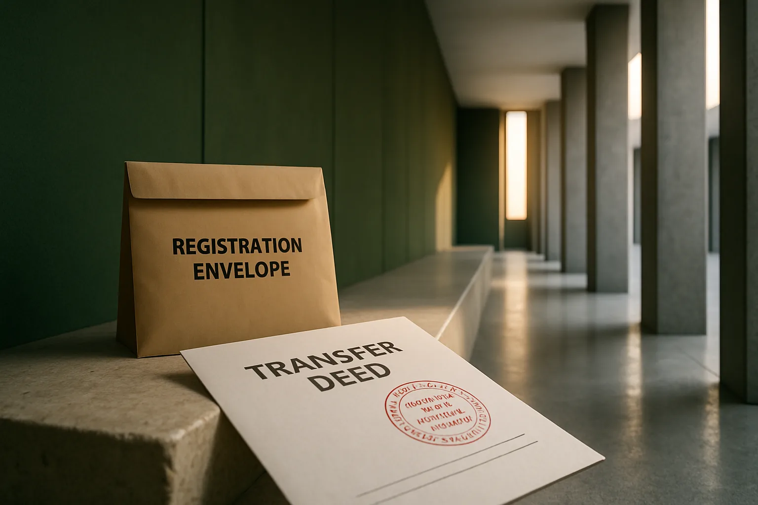 A sealed registration envelope and stamped transfer deed resting on a limestone ledge inside a minimalist deeds office corridor lined with concrete columns and green wall panels.