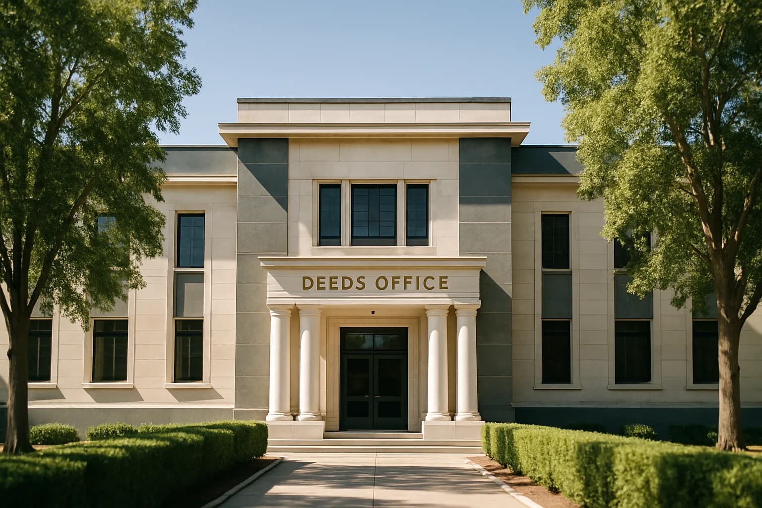 The sunlit facade of a South African Deeds Office building, the official institution where registration of title gives property ownership its binding legal effect.