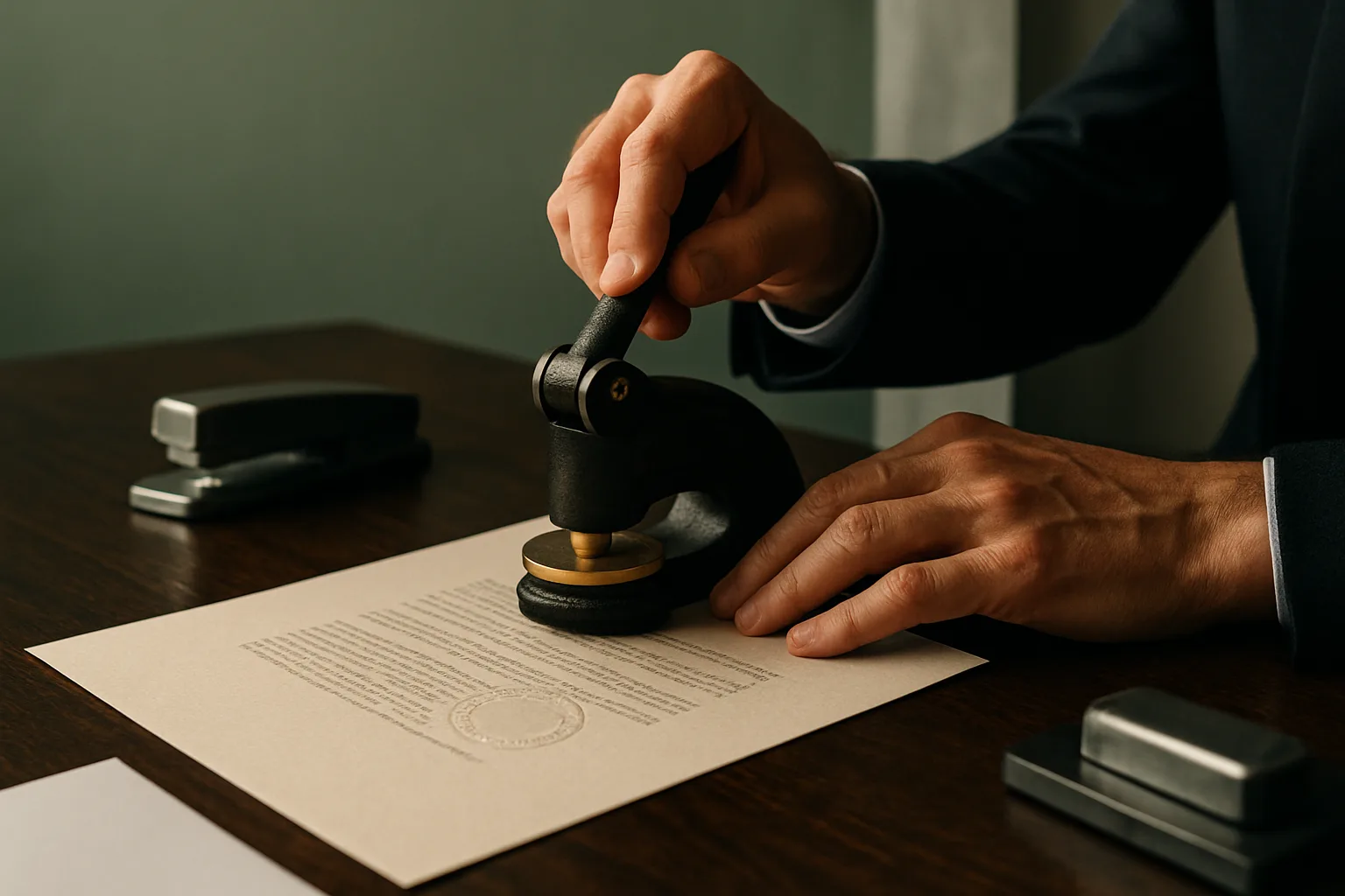 Close-up of a notary's hands pressing an embossed stamp onto a thick cream legal document spread on a polished dark-oak desk, with a muted concrete pillar softly blurred in the background.