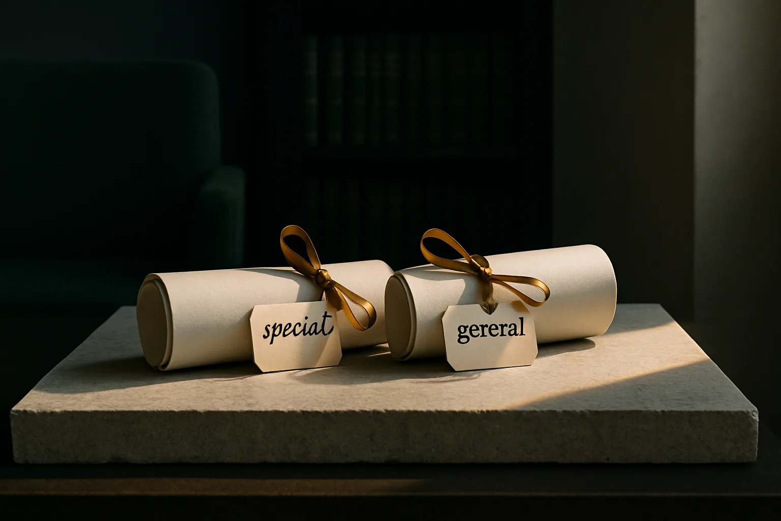 Two ribbon-tied legal scrolls labelled special and general lying side by side on a honed limestone slab inside a minimalist law office, with a dark green reading chair and bookshelves softly blurred behind them.