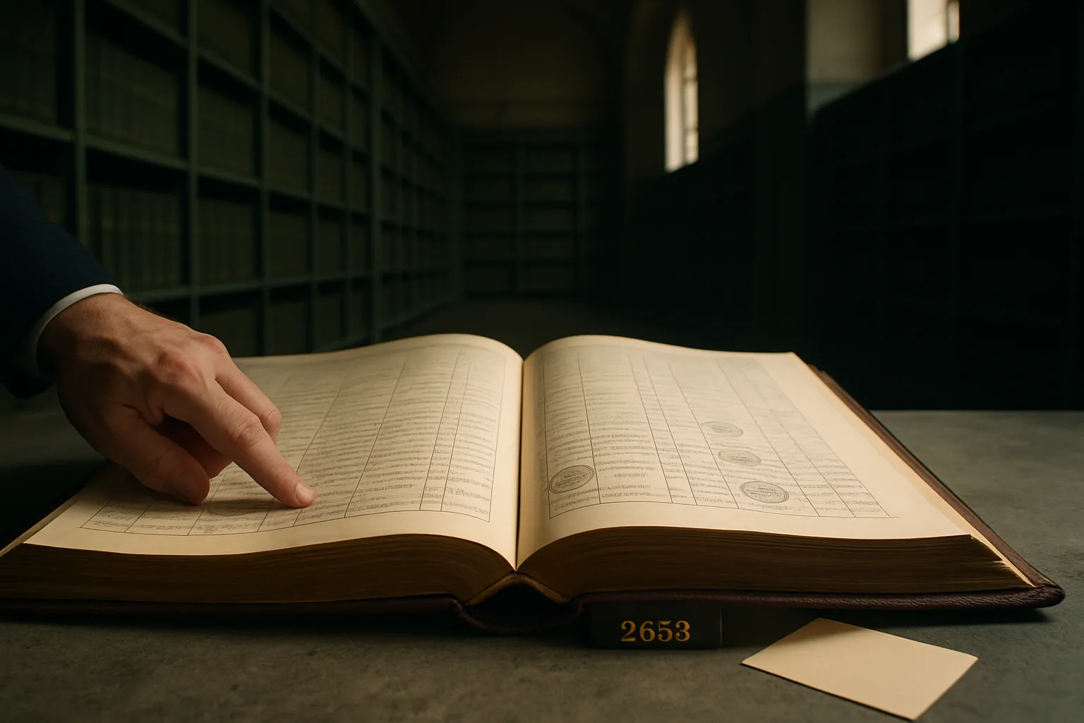 A deeds registry ledger lying open on a raw concrete countertop inside a high-ceilinged archive office, with a notary's hand pointing to a registration entry and dark moss-green steel shelving receding into shadow behind.