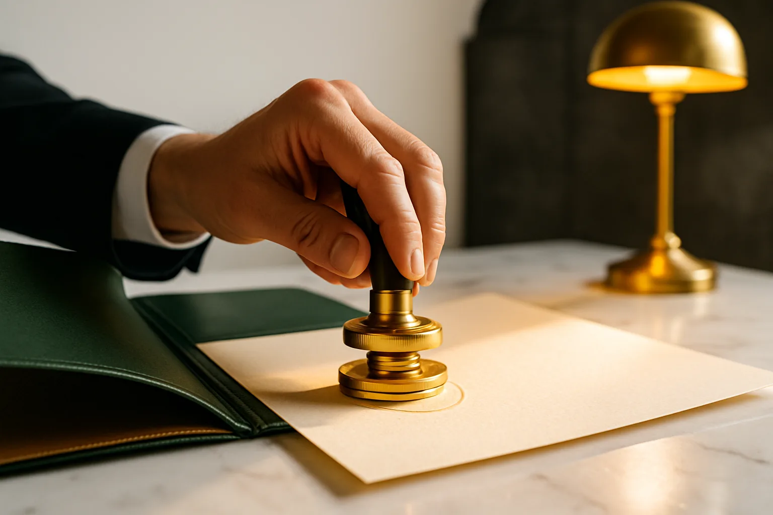 A notary presses a gleaming brass embossing seal onto a formal legal document, representing the authoritative role notarial bonds play in South African property law.