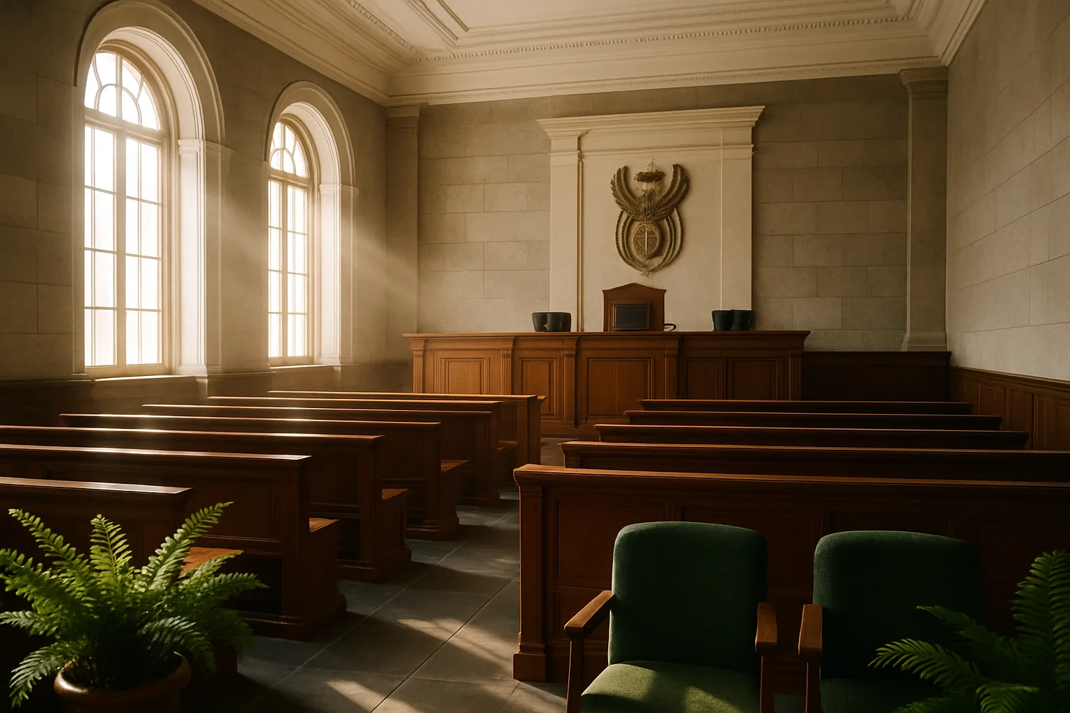 A grand sunlit South African courtroom interior where sales in execution proceedings are formally authorised, its polished timber benches and tall windows flooding the space with warm golden morning light.