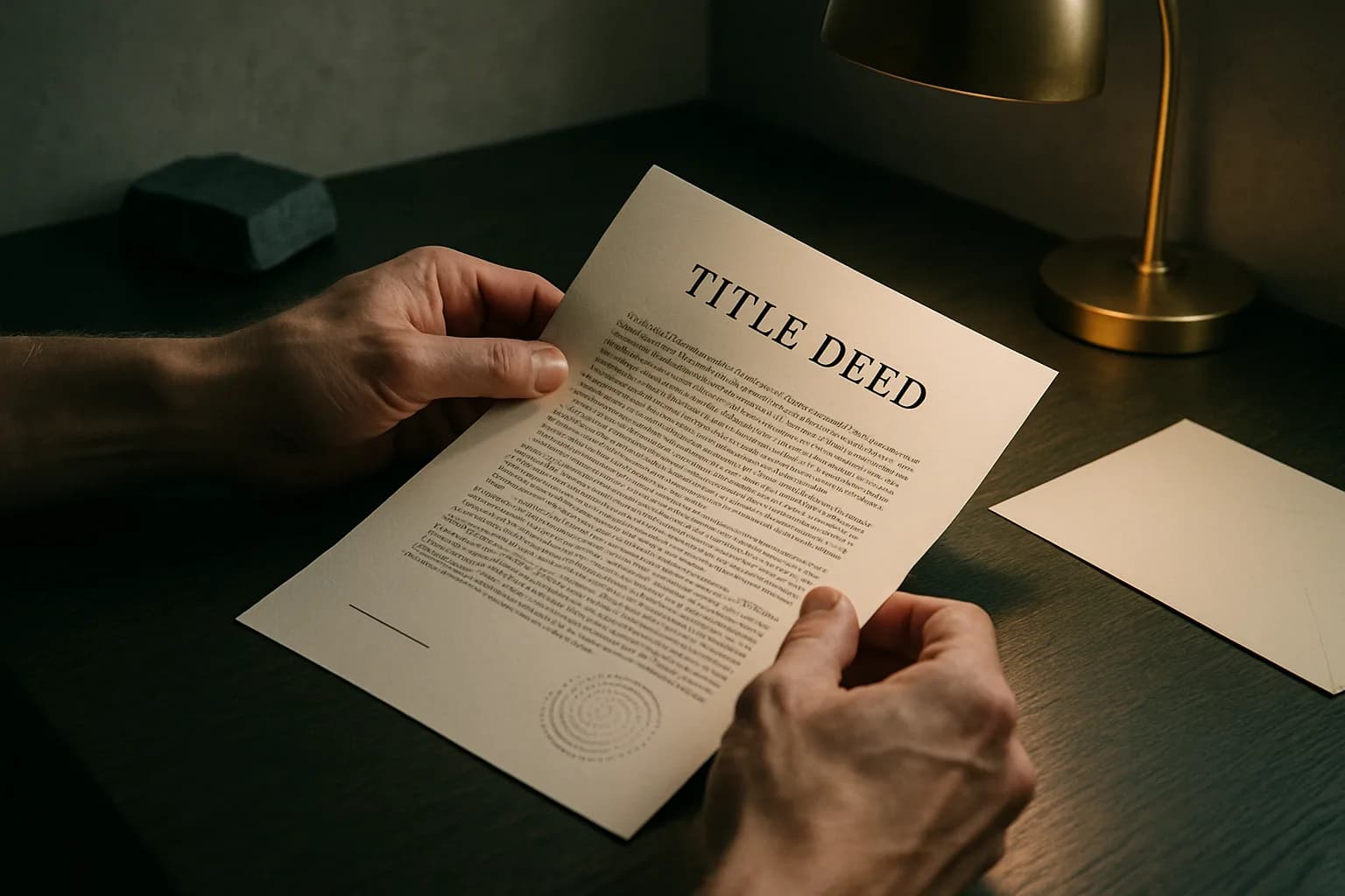 Close-up of hands unfolding a formal title deed document on a dark oak desk under warm brass lamp light, with a notarial embossed seal visible in the foreground.