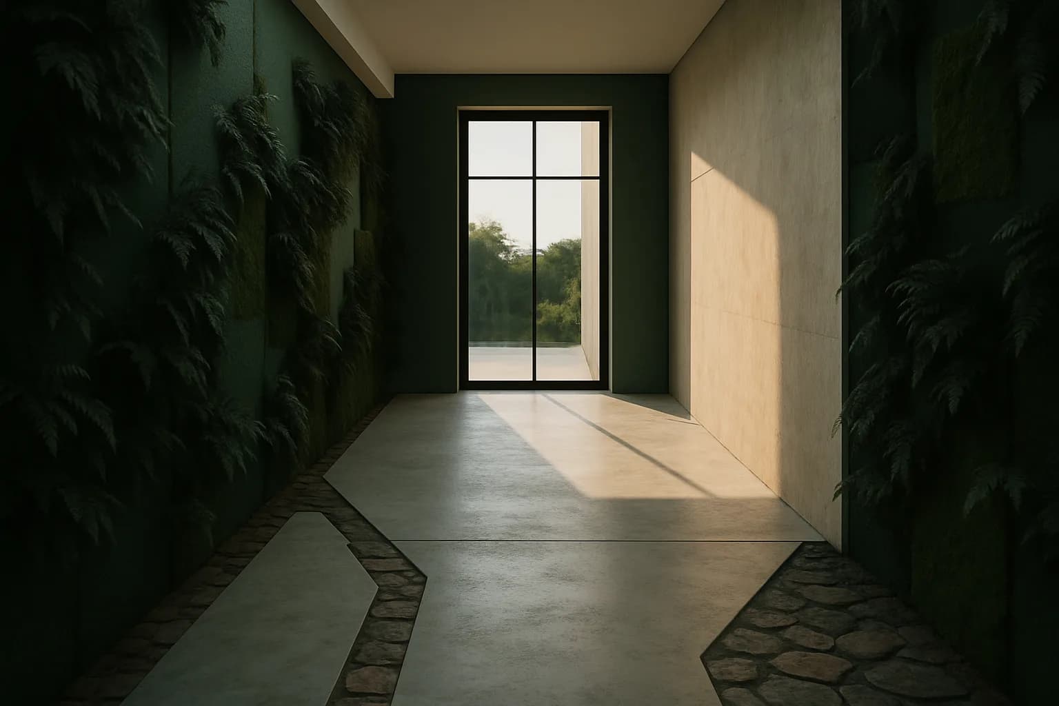 A minimalist interior corridor with a living moss wall and converging stone pathways leading to a full-height glazed door flooded with afternoon light.