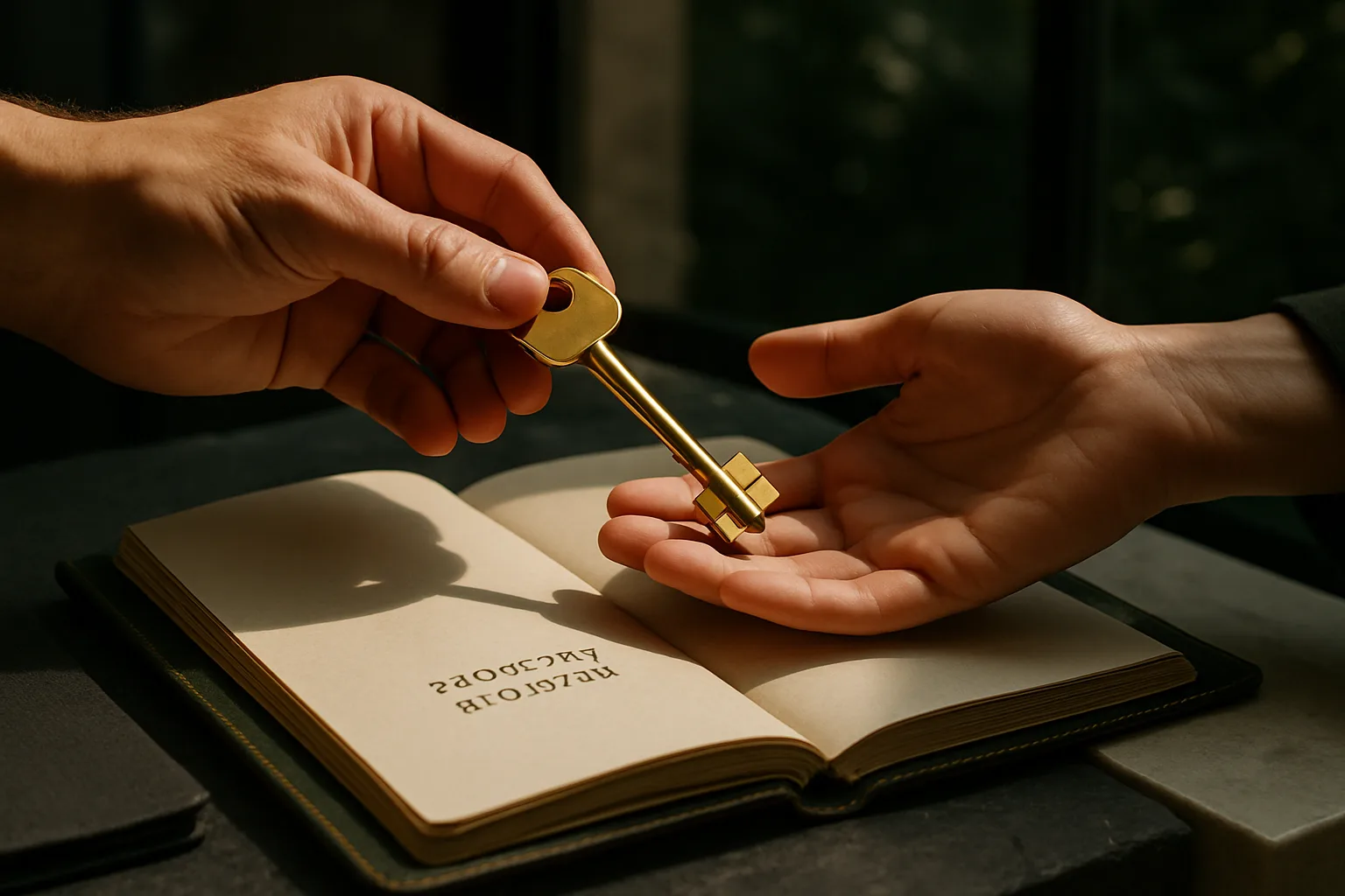 Two hands exchanging a brushed brass key above an open leather-bound property register on a raw slate surface, with afternoon sunlight catching the key.