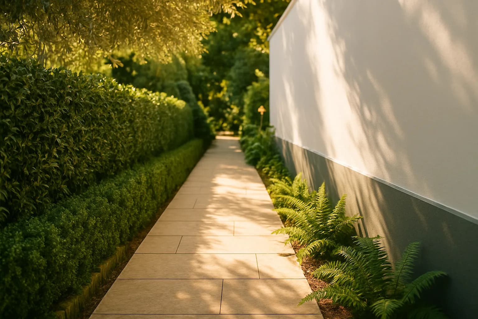 A bright sunlit garden pathway running between an elegant boundary wall and lush green landscaping, illustrating how property servitudes define legal rights of way across South African land.