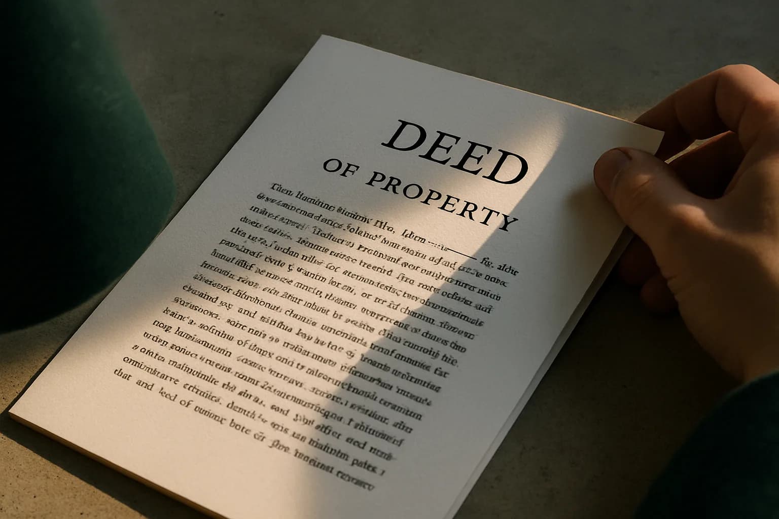 A close-up of a hand turning the page of a formal property deed document resting on a raw concrete surface, with warm directional light across the paper.