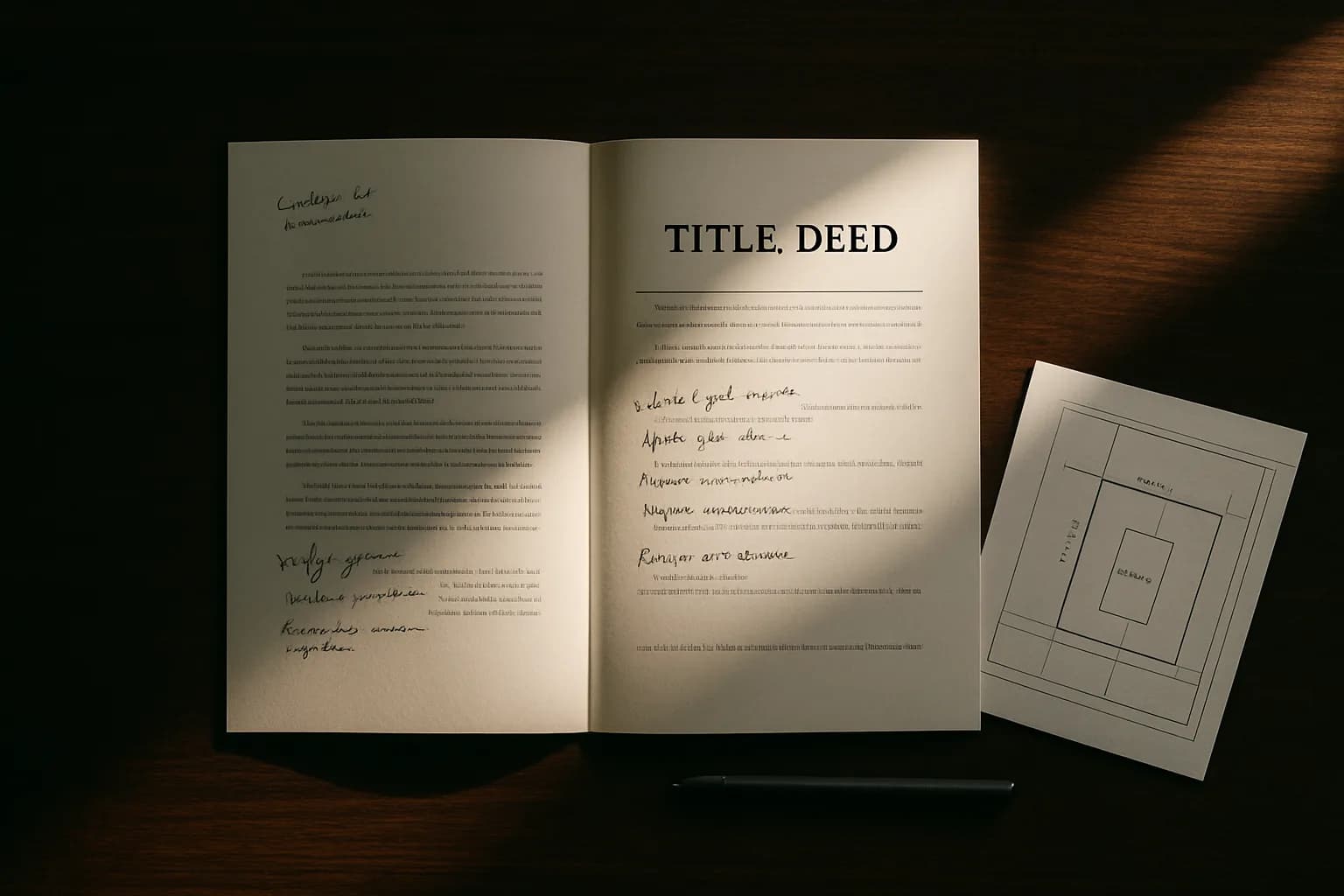 An overhead view of an open title deed with handwritten margin notes and a property boundary plan arranged on a dark polished oak desk.