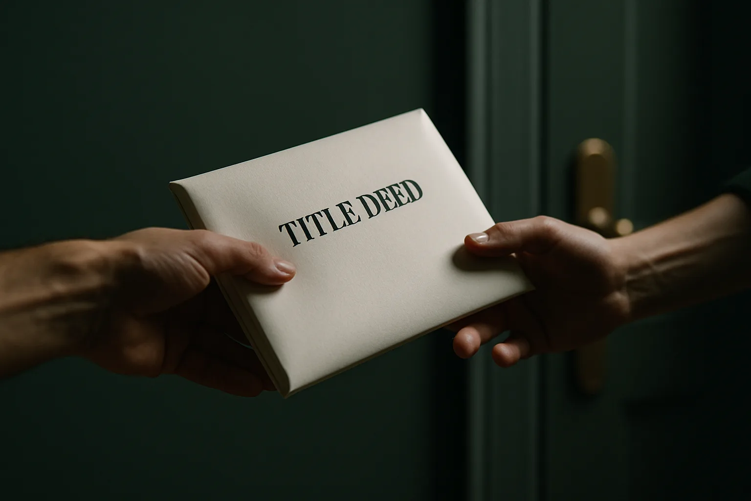 A close-up of two hands exchanging a sealed white envelope containing a property deed in a minimalist hallway with a deep green wall and slate architectural column.