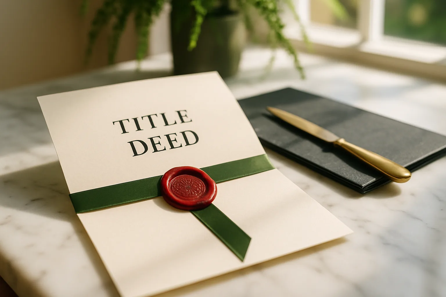 A beautifully presented title deed with an embossed wax seal and green satin ribbon lies open on a sunlit marble surface in a bright South African law office.