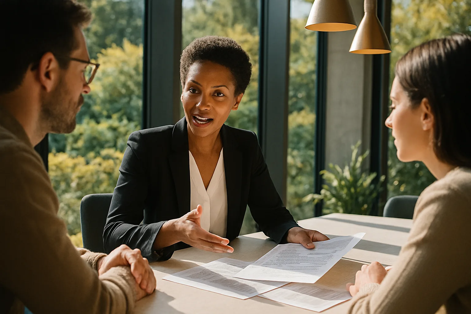 A South African conveyancing attorney explaining paperwork to a couple during a bright client consultation in a sunlit glass-walled boardroom.