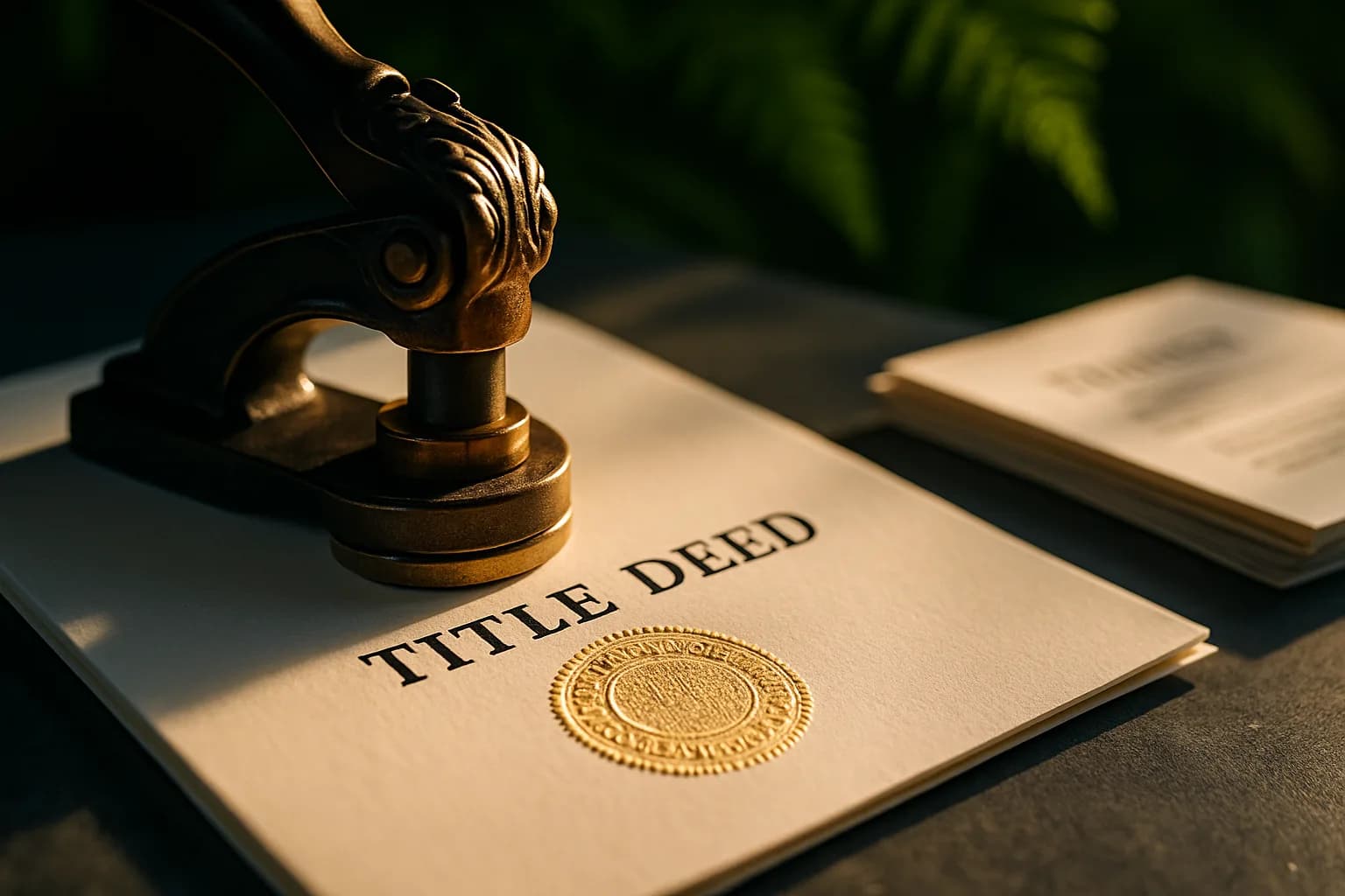 A brass embossing seal pressed into a cream title deed document on a slate stone desktop in warm afternoon light.