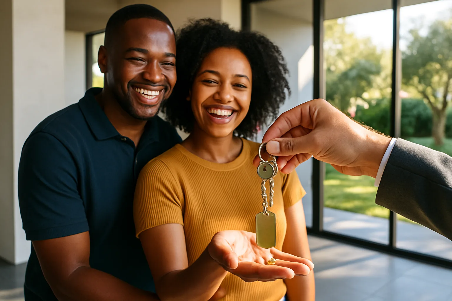 A couple receiving house keys from a conveyancer inside a bright modern South African home with lush garden views at transfer completion.