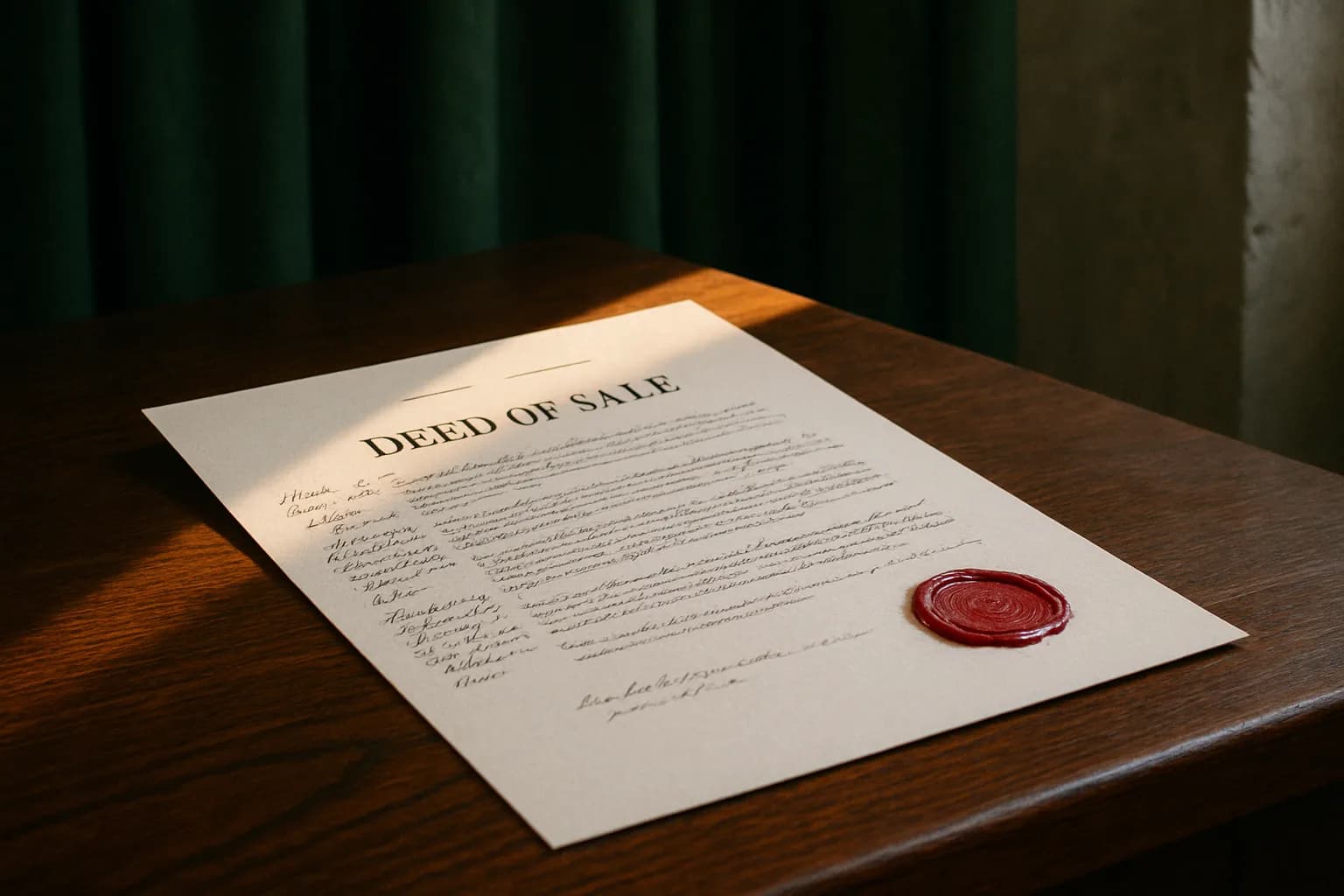 Close-up of an open legal contract with handwritten margin notes and a red wax seal on a polished dark-oak table, with deep green curtains softly blurred in the background.
