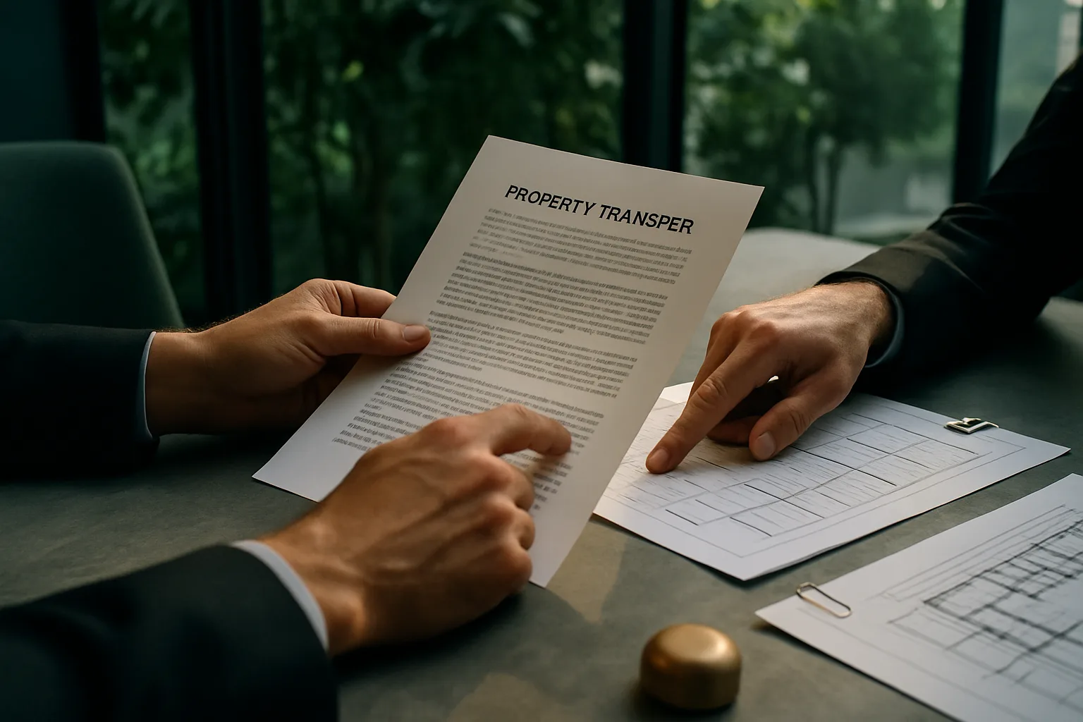 Candid close-up of two sets of hands exchanging a printed property transfer document over a concrete conference table, with blurred dark-green indoor foliage visible through a glass partition behind them.