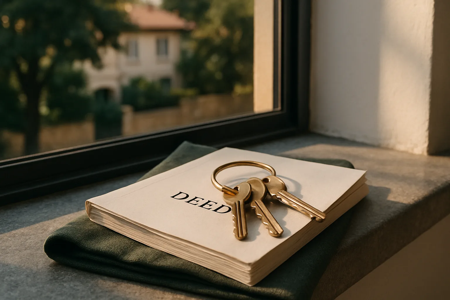 A brushed brass key ring resting on a folded legal document on a raw concrete window ledge, with blurred dark-green garden trees and a sandstone wall visible through the window behind.