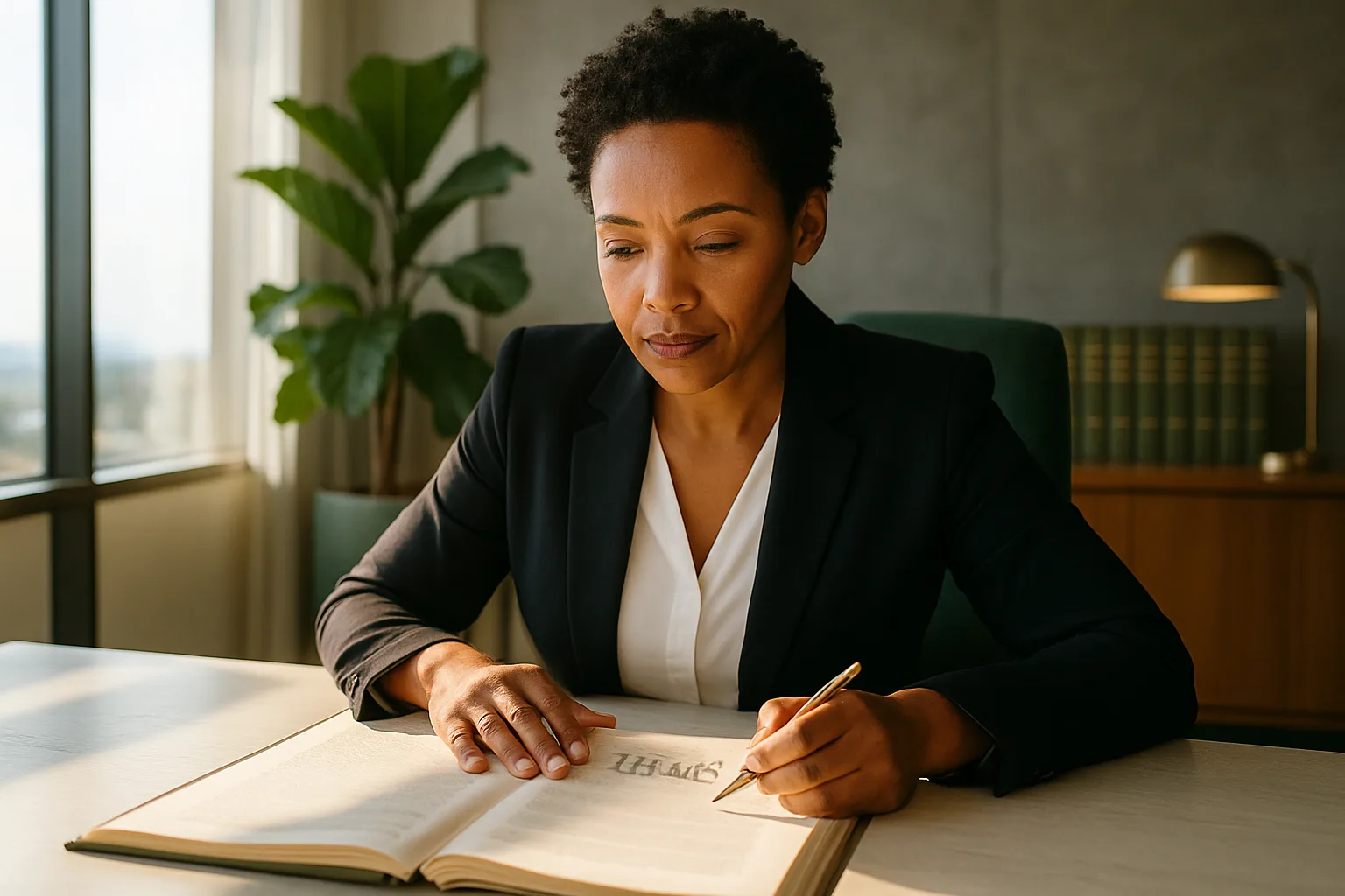 A South African attorney reviews an open deed of sale at a sunlit office desk, exuding calm professional confidence in warm morning light.