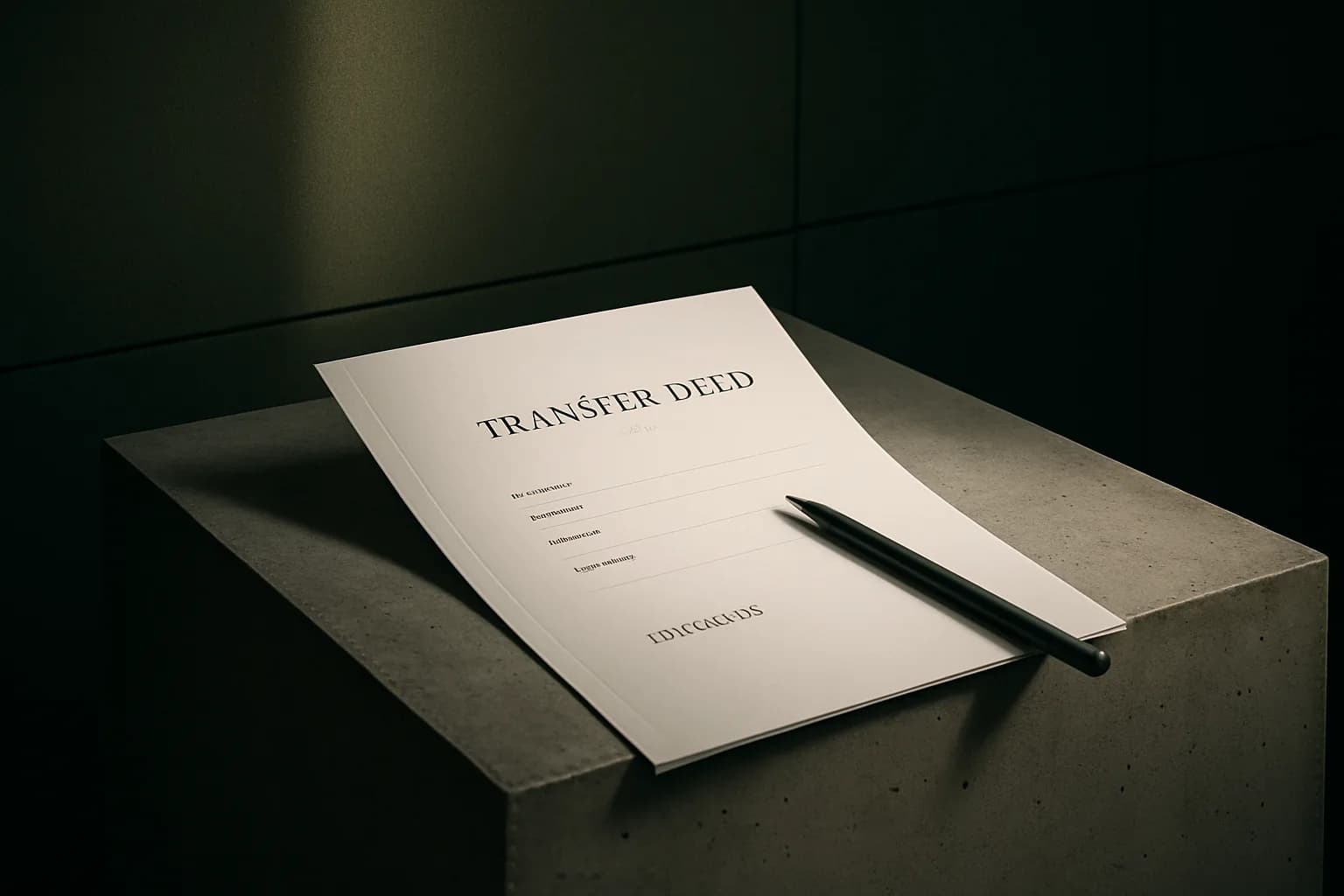 An open transfer deed on a raw concrete surface with a slate grey pencil resting across it, illuminated by warm directional light against a deep olive-green wall.