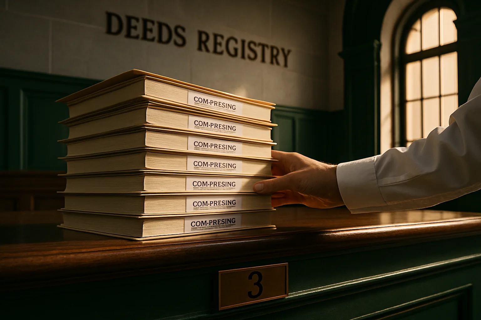 Close-up of hands sliding a stack of tabbed conveyancing files across a deep green lacquered lodgement counter inside a formal deeds registry hall with limestone walls.