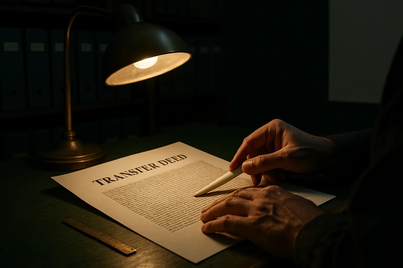 A pair of hands tracing a clause on an open transfer deed under a warm brass desk lamp on a dark moss-green timber examiner's desk inside a deeds office examination room.