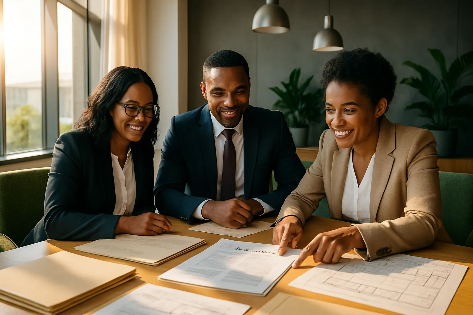 A South African conveyancing team reviews title deed documents around a sunlit boardroom table in preparation for deeds office lodgement.