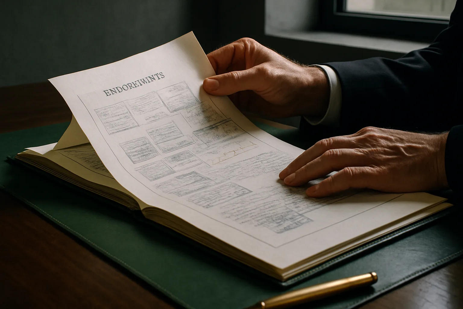 Close-up of a conveyancer's hands turning the page of a large title deed covered in ink stamps and handwritten notations on a dark leather blotter.