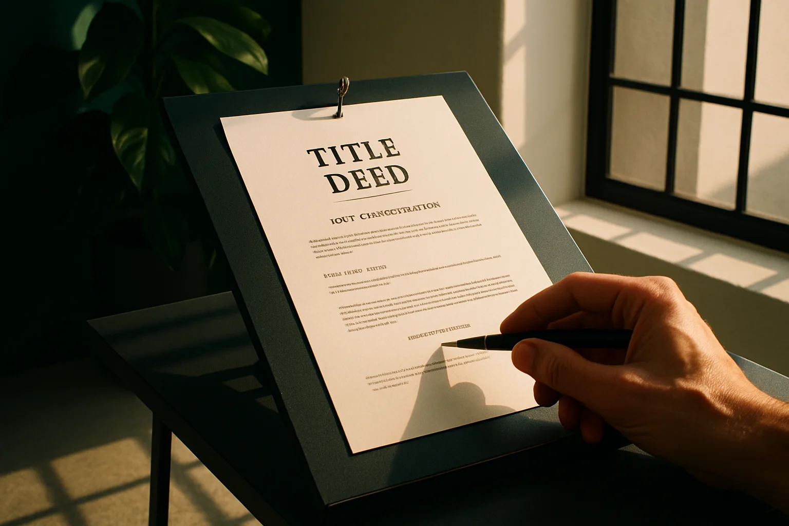 A hand holding a fine pen and pointing to a notation on a title deed open on a drafting table, with geometric window shadows falling across the document.