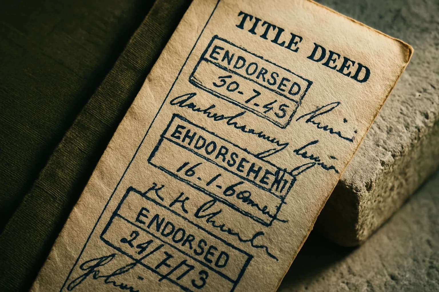 An extreme close-up of a title deed margin covered in layered stamps and handwritten annotations in aged ink, resting on a raw limestone surface in directional side-light.