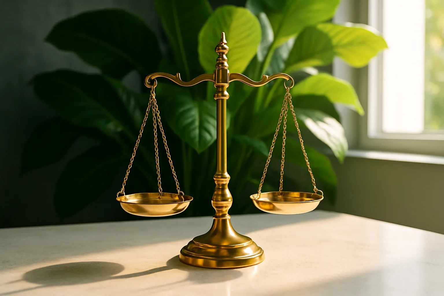Polished brass scales of justice on a sunlit marble desk in a bright law office, evoking the legal precision behind title deed endorsements and what they signal on a property's ownership record.