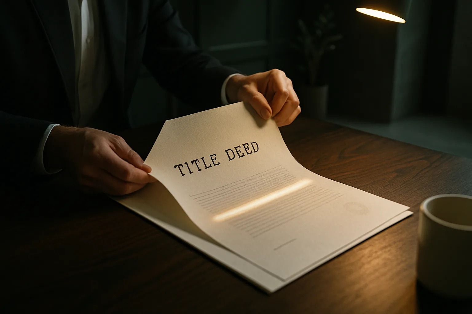 Close-up candid detail of two hands unfolding a thick title deed document on a dark oak desk, with fibrous paper texture visible under directional lamp light.