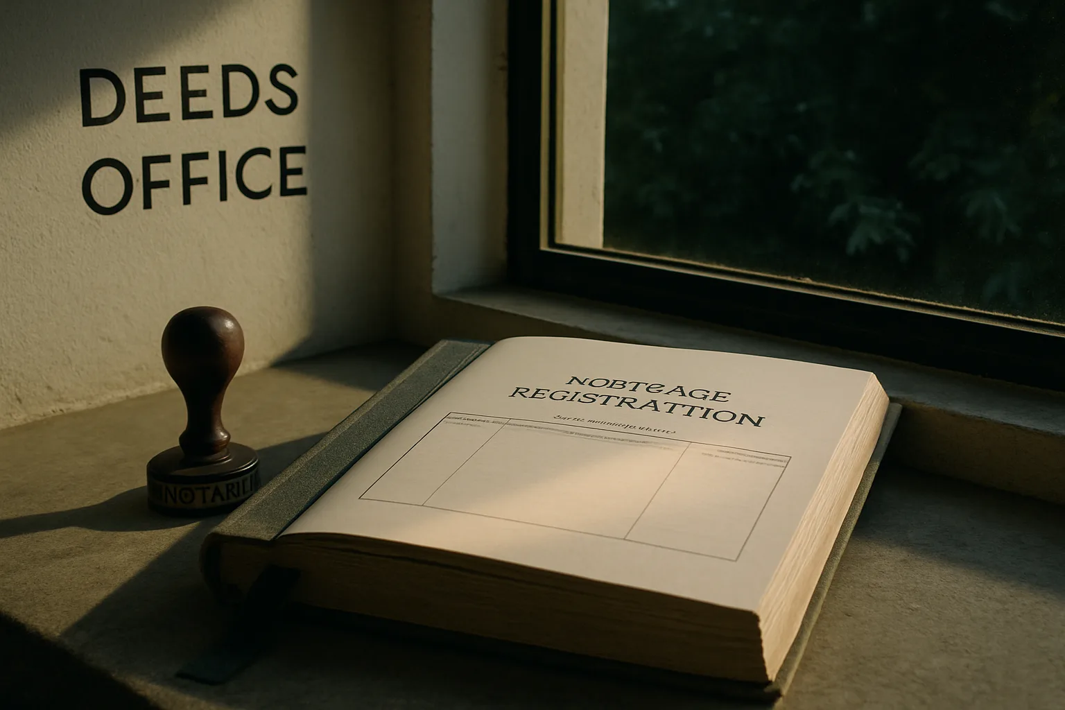 A rubber stamp and open registration ledger on a concrete deeds office counter with a window framing dense dark-green foliage beyond, in directional afternoon light.