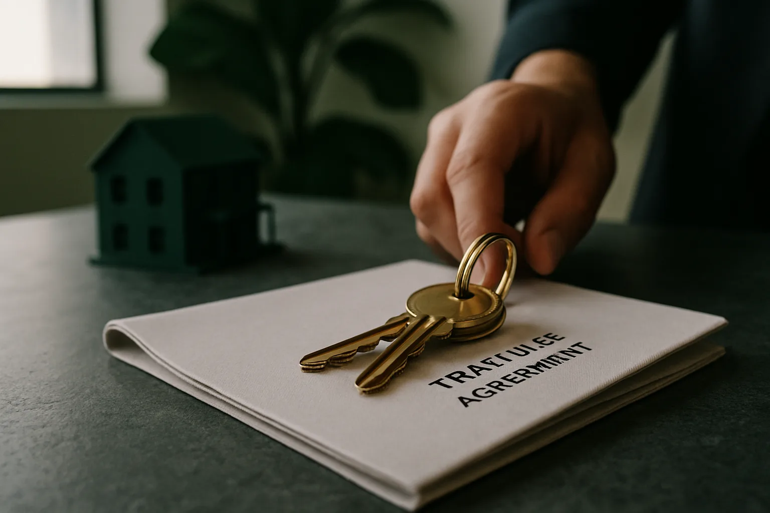 A polished bronze key set resting on a folded property transfer document on a slate-grey stone table, with a dark green architectural house model softly blurred in the background.
