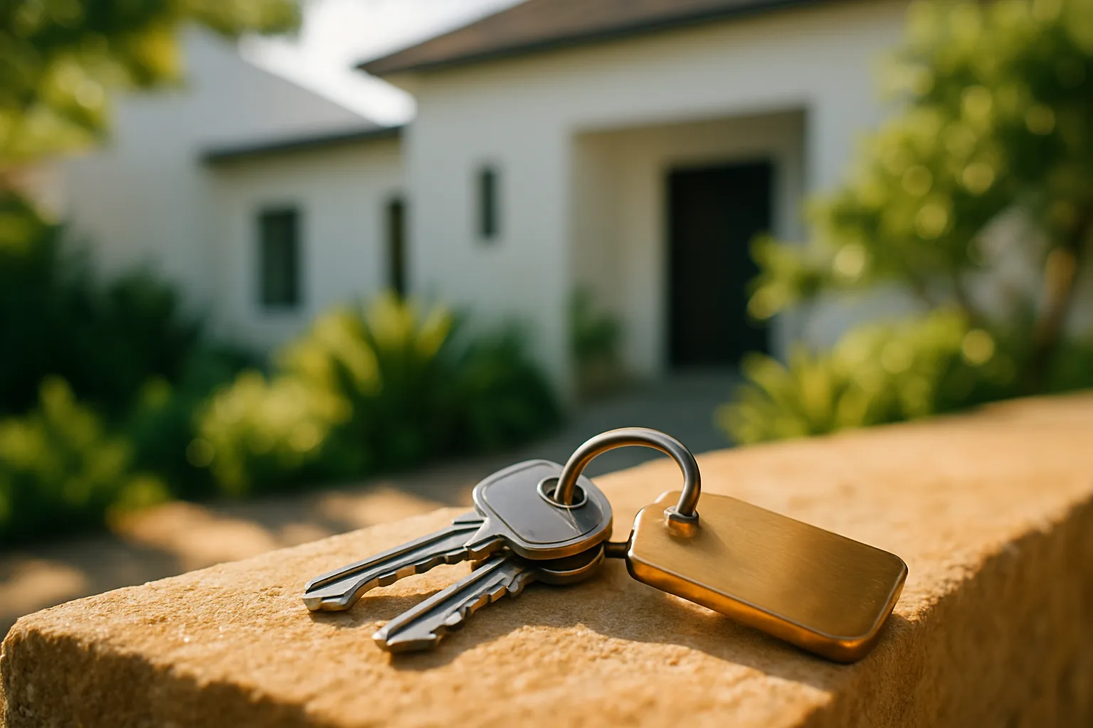 A set of brass house keys resting on a warm sandstone ledge in golden sunlight, representing the security and ownership made possible through mortgage bonds in South African property transactions.