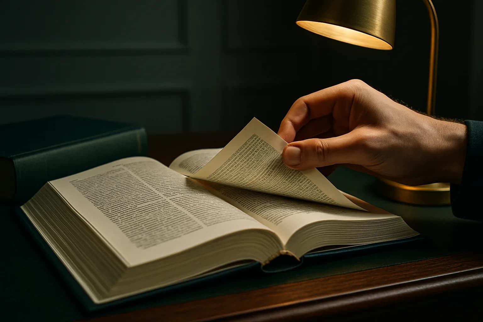 A close-up of a hand turning the page of an open legal document on a polished dark oak desk, illuminated by a warm brass desk lamp.