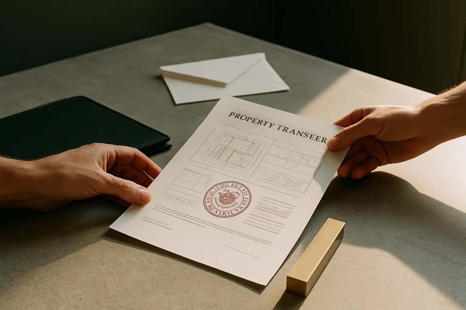 Two pairs of hands exchanging stamped property transfer documents across a raw concrete desk surface with a brass paperweight and an open green document portfolio.