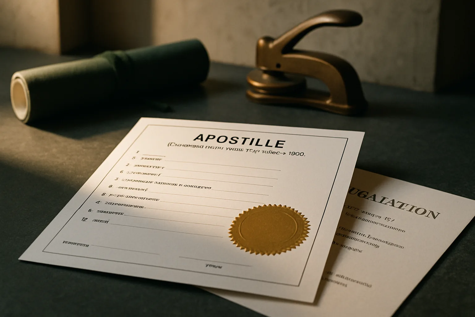 An apostille certificate with an embossed seal and a legalisation document arranged on a slate grey stone desktop, lit by warm directional side-light with a notarial seal press blurred in the background.